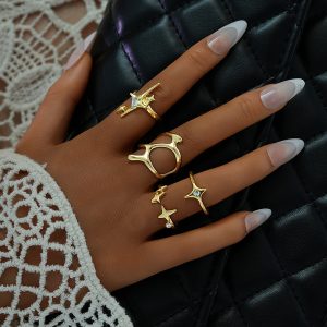 Geometric Metal Lava Line Four-piece Ring Set